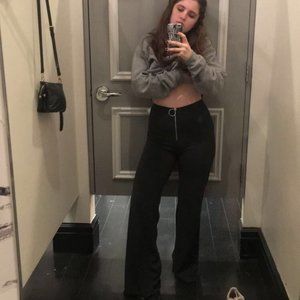 High Waisted Dark Green Flare Pants with Hoop Zip